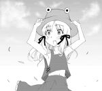  1girl armpits female gradient gradient_background hat kusogappa monochrome moriya_suwako outdoors skirt sky solo touhou white_background 