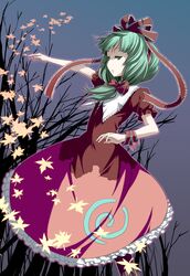  1girl expressionless female flower frills front_ponytail grass green_eyes green_hair grey_background kagiyama_hina mishima_hiroji plant puffy_short_sleeves puffy_sleeves shawl short_sleeves simple_background solo standing touhou wrist_cuffs 