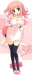  1girl :3 :d apron arms_behind_back black_legwear blue_eyes blush breasts choker cleavage detached_sleeves elbow_gloves frills gloves head_tilt kouno_harumi large_breasts long_hair looking_at_viewer milfa naked_apron navel open_mouth pink_hair scan short_hair smile solo tareme thigh-highs to_heart_2 to_heart_2_ad tray yoshiwo 