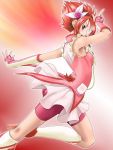  1girl armpits cure_rouge magical_girl natsuki_rin precure red red_background red_eyes redhead short_hair shorts_under_skirt solo spiky_hair yaso_shigeru yes!_precure_5 yes!_precure_5_gogo! 