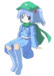  1girl backpack bag blue_boots blue_eyes blue_hair boots female full_body green_scarf hair_bobbles hair_ornament kawashiro_nitori knee_boots looking_at_viewer oka_(bananashoe) scarf simple_background sitting smile solo touhou two_side_up white_background 