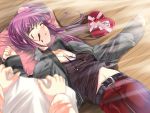  1girl :o belt blanket blush buckle chocolate closed_eyes hands heart-shaped_box hirama_hirokazu little_busters!! lying na_mizuumi navel on_back pants parted_lips pink_hair saigusa_haruka sleeping solo_focus valentine 