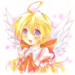  1girl ahoge angel_wings blonde_hair blue_eyes blush bow gradient_eyes green_eyes large_bow long_hair looking_at_viewer marker multicolored_eyes open_mouth original solo tachitsu_teto upper_body wings 