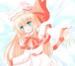  1girl :d blonde_hair bow bowtie capelet female green_eyes hat lily_white long_sleeves looking_at_viewer open_mouth red_bow red_bowtie shirotsuki_kouta sidelocks smile solo tate_eboshi touhou upper_body 