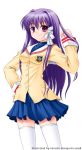  clannad fujibayashi_kyou horiguchi_hiroshi long_hair purple_hair school_uniform serafuku skirt thigh-highs violet_eyes white_legwear 