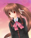  1girl 6u_(eternal_land) ahoge bell bow brown_hair expressionless hair_bell hair_ornament kiyu little_busters!! long_hair long_ponytail natsume_rin pink_bow ponytail red_eyes school_uniform sidelocks solo upper_body 
