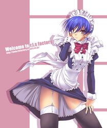  1girl black_legwear blue_hair brown_eyes maid original ruschuto solo thigh-highs zettai_ryouiki 