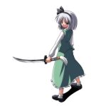  1girl bobby_socks dress female green_dress hair_ribbon hairband holding holding_sword holding_weapon konpaku_youmu loafers long_sleeves ribbon shoes short_hair silver_hair simple_background socks solo subaru_noji sword tassel touhou unsheathed weapon white_background white_legwear 