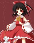  1girl bad_id black_hair bow dress female frills gohei hakurei_reimu imperishable_night ofuda open_mouth red_background red_bow red_dress red_eyes short_hair solo touhou yuzuki_(artist) yuzuki_(yuduame) 