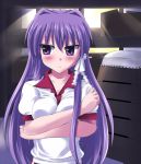  1girl breast_press breasts clannad collared_shirt covering covering_breasts crossed_arms embarrassed eyebrows eyebrows_visible_through_hair fujibayashi_kyou gym_storeroom gym_uniform indoors jun_(aoerm) long_hair looking_away looking_to_the_side medium_breasts parted_lips purple_hair shirt short_sleeves solo upper_body very_long_hair violet_eyes white_shirt 