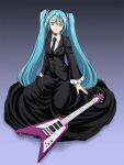  1girl black_suit electric_guitar flying_v formal green_eyes green_hair guitar hatsune_miku iga_tomoteru instrument long_hair necktie skirt_suit solo suit twintails vocaloid 