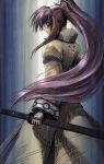  1girl gradient gradient_background highres long_hair ponytail purple_hair solo sword touka_(utawareru_mono) utawareru_mono weapon 