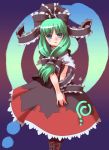  1girl arm_ribbon blush boots bow cross-laced_footwear female front_ponytail green_eyes green_hair hair_bow hair_ribbon jpeg_artifacts kagiyama_hina lace-up_boots long_hair multicolored_eyes ribbon smile solo touhou v_arms violet_eyes yukimura_tsubame 