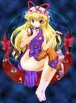  1girl blonde_hair bow female gap hair_bow hat long_hair michii_yuuki naked_tabard no_panties ribbon smile solo tabard touhou violet_eyes yakumo_yukari 