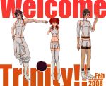  1girl 2boys bad_haro black_hair brother_and_sister brothers gundam gundam_00 haro johann_trinity michael_trinity midriff multiple_boys nena_trinity one_eye_closed redhead siblings thigh-highs v wink yellow_eyes zettai_ryouiki 