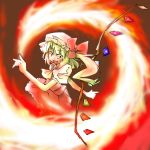  1girl arnest blonde_hair collar crystal demon_wings dress female fire flame flandre_scarlet frills hat looking_at_viewer mob_cap puffy_short_sleeves puffy_sleeves red_dress red_eyes short_hair short_sleeves side_ponytail solo touhou vampire wings 
