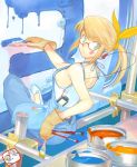  1girl art_brush artist_name bad_id blonde_hair breasts glasses handheld_game_console headphones original overalls paint paintbrush painting playstation_portable ponytail sideboob signature solo takahashi_kenji trim_brush 