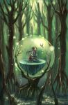  1girl butterfly fantasy floating forest mizusawa_hikaru nature original scenery solo sparkle sphere tree water 