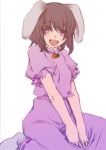 1girl :d animal_ears brown_hair carrot_necklace dress female honda_kikyou inaba_tewi looking_at_viewer open_mouth own_hands_together pink_dress pink_eyes rabbit_ears simple_background sitting smile solo touhou v_arms white_background 
