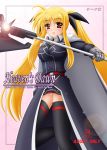  1girl bardiche black_dress blonde_hair cape dress fate_testarossa gauntlets holding holding_weapon long_hair looking_at_viewer lyrical_nanoha mahou_shoujo_lyrical_nanoha mahou_shoujo_lyrical_nanoha_strikers red_eyes sidelocks solo standing thigh-highs twintails very_long_hair weapon yamaguchi_ugou zettai_ryouiki 