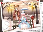  2girls armcho bench blue_eyes braid brown_hair dress hand_in_pocket lamppost long_hair multiple_girls pink_hair raccoon_(trickster) scarf sheep_(trickster) sitting snow snowing standing steam tree trickster twin_braids winter 