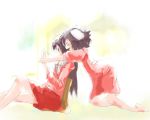  2girls animal_ears blush bow chair clouds cloudy_sky dress female frills hand_holding houraisan_kaguya inaba_tewi kneeling multiple_girls paper profile red_dress sitting sky smile touhou white_bow window yae_(mono110) 