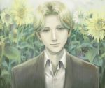  1boy as_(ashes) bishounen blonde_hair blue_eyes flower johan_liebert lowres male_focus monster_(manga) solo sunflower 