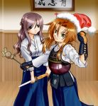  2girls azuma_satori bamboo_blade christmas glasses hakama hat japanese_clothes miyazaki_miyako morisu multiple_girls santa_hat 
