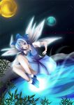  1girl :d blue_dress blue_hair cirno crystal dress female flying ice ice_wings looking_at_viewer open_mouth pond puffy_short_sleeves puffy_sleeves short_sleeves silver_hair smile solo surreal the_embodiment_of_scarlet_devil touhou water wings 
