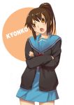  1girl bad_id blush cardigan genderswap kyon kyonko ponytail school_uniform serafuku shy solo suzumiya_haruhi_no_yuuutsu tsundere yangsion 
