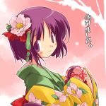  1girl asoka female floral_print flower from_side hair_flower hair_ornament hairpin heida_no_akyuu hieda_no_akyuu long_sleeves looking_at_viewer looking_to_the_side perfect_memento_in_strict_sense pink_background purple_hair short_hair simple_background solo touhou upper_body violet_eyes 