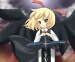  1girl black_wings blonde_hair ex-rumia female necktie red_eyes ribbon rumia short_hair solo sword the_embodiment_of_scarlet_devil toda_ayu touhou weapon wings youkai 