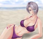  1041_(toshikazu) 1girl beach bikini breasts cleavage isabella_valentine looking_at_viewer lying muscle nail_polish on_side pink_nails solo soul_calibur swimsuit 