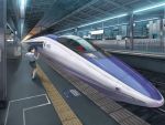  1girl black_hair ground_vehicle naox original shinkansen solo tactile_paving train train_station 