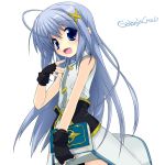  1girl :d ahoge black_gloves blue_eyes blush book book_of_the_azure_sky gloves gota_nao gotou_nao hair_ornament holding holding_book long_hair looking_at_viewer lyrical_nanoha magical_girl mahou_shoujo_lyrical_nanoha mahou_shoujo_lyrical_nanoha_strikers open_mouth reinforce_zwei silver_hair smile solo tareme very_long_hair x_hair_ornament 