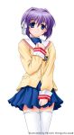  blue_eyes clannad fujibayashi_ryou horiguchi_hiroshi purple_hair school_uniform serafuku short_hair skirt thigh-highs white_legwear 