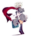  1girl apron black_dress boots carrying dress female izayoi_sakuya long_sleeves looking_at_viewer looking_back red_eyes rubber_boots shino_(eefy) short_hair silver_hair solo suitcase touhou walking white_background 