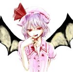 1girl bat_wings blood blood_from_mouth collar evil_smile female finger_to_mouth frills head_tilt looking_at_viewer puffy_short_sleeves puffy_sleeves red_eyes remilia_scarlet shishou short_sleeves simple_background smile solo touhou vampire white_background wings 