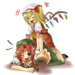  2girls ^_^ ascot beret blonde_hair bow braid china_dress chinese_clothes closed_eyes dress fangs female flandre_scarlet girl_on_top hat hong_meiling kiji_(manekinuko-tei) multiple_girls redhead side_ponytail star the_embodiment_of_scarlet_devil touhou twin_braids wince wings 