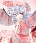  1girl bat_wings blush closed_mouth dress female finger_to_mouth frills knees_up looking_at_viewer ogu pink_dress puffy_short_sleeves puffy_sleeves red_eyes remilia_scarlet short_hair short_sleeves silver_hair sitting smirk solo touhou wings 