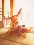  1girl barefoot drooling female gourd horns ibuki_suika laundry orange_hair saliva sankuma sleeping solo touhou 