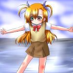  1girl blonde_hair bow bowtie brown_skirt cowboy_shot green_eyes heterochromia lyrical_nanoha mahou_shoujo_lyrical_nanoha mahou_shoujo_lyrical_nanoha_strikers misana outdoors outstretched_arms pleated_skirt red_bow red_bowtie red_eyes skirt solo standing sweater_vest two_side_up vivio 