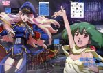  2girls :d absurdres arm_up blonde_hair blue_eyes green_hair hat highres jewelry long_hair macross macross_frontier magazine_scan microphone multiple_girls official_art ootsuka_yae open_mouth outstretched_hand peaked_cap ranka_lee red_eyes scan sheryl_nome short_hair single_earring smile sweat whip 