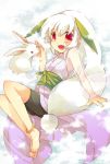  1girl anklet bad_id barefoot bike_shorts cape feet jewelry long_hair lying open_mouth original parody rabbit red_eyes see-through smile snow snow_bunny solo tachitsu_teto very_long_hair white_hair 
