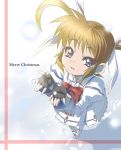  00s 1girl black_gloves blue_eyes blush bow bowtie christmas dress fingerless_gloves gloves long_sleeves looking_at_viewer lyrical_nanoha magical_girl mahou_shoujo_lyrical_nanoha merry_christmas nekomamire red_bow red_bowtie simple_background solo takamachi_nanoha twintails white_background white_dress 