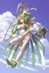  1girl angry axe blonde_hair blue_eyes blue_sky bodysuit clouds day flying full_body haruka_armitage long_hair looking_at_viewer my-otome nekomamire sidelocks skin_tight sky solo warrior weapon 