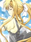  1girl air ayase_airi black_dress blonde_hair blush bow closed_eyes dress hair_bow hair_ribbon kamio_misuzu long_hair puffy_short_sleeves puffy_sleeves ribbon shirt short_sleeves smile solo twintails very_long_hair white_shirt 