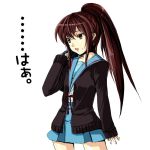  1girl brown_eyes brown_hair cardigan genderswap kyon kyonko long_hair ponytail school_uniform serafuku simple_background solo suzumiya_haruhi_no_yuuutsu 