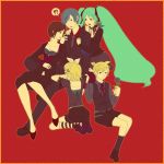  2boys 3girls brother_and_sister everyone green_hair harem hatsune_miku kagamine_len kagamine_rin kaito mame_chiyo meiko multiple_boys multiple_girls siblings simple_background thigh-highs twins twintails vocaloid 