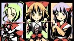  3girls :d black_dress blush bow bowtie breasts capelet cleavage dress frills green_eyes green_hair long_sleeves looking_at_viewer multiple_girls open_mouth orange_hair original purple_hair red_bow red_bowtie ribbon smile toda_ayu upper_body violet_eyes yellow_eyes 